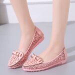 Spring and summer slip-on loafers with hollow design, flat sandals for women, lace breathable mesh bowknot loafers
