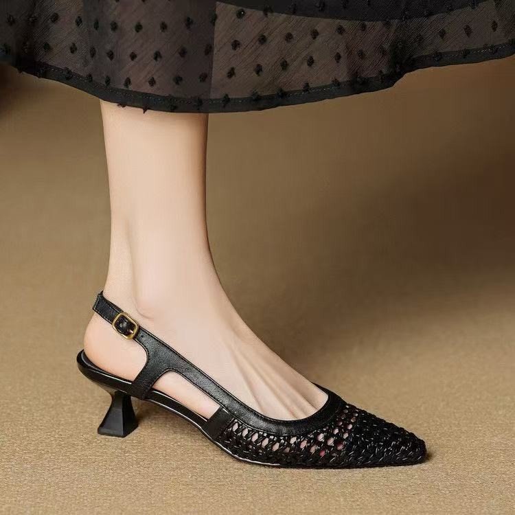 O1CN01fwk1b41X1J4U0NzsX_!!2219836862863-0-cib Genuine soft leather French pointed-toe hollow woven high-heeled shoes, new summer model, breathable, shallow cut, elegant and stylish, backless sandals for women - Image 1
