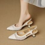 Genuine soft leather French pointed-toe hollow woven high-heeled shoes, new summer model, breathable, shallow cut, elegant and stylish, backless sandals for women - Image 4