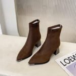Trendy chunky heeled fleece-lined ankle boots for women, new autumn/winter 2026 style, pointed toe, high heel, slim fit, height-increasing fashion boots - Image 4