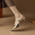 French-Style Fashion Gold-Colored Closed-Toe Mules for Women, Summer Outdoor Wear, Single Strap, Thin High Heels, Shallow Pointed Toe Mules - Image 5
