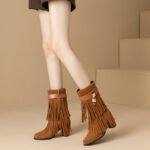 2025 Autumn and Winter New Korean Style Tassel Boots Women's Pointed Toe Chunky Heel High Heel Metal Decoration Mid-Calf Boots Leather Boots Women - Image 5