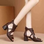 Roman Sandals for Women 2025 Summer New Low Thick Heel High-End Sandals Thick Heel Hollow Fish Mouth High Top Sandals for Women - Image 5