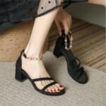 Elegant One-Strap High-Heeled Shoes for Women with Chunky Heels, 2026 Summer Fairy Style, Gentle Design, Pearl Sandals for Women with Medium Heels - Image 2