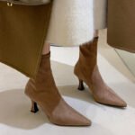 apricot Ankle Boots Women's Autumn and Winter Commuter High-heeled Naked Boots Korean Style Suede Thin Boots Pointed Toe Thin Heel Stingy Socks Boots - Image 3