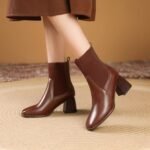 Women's Mid-Calf Short Boots 2025 Autumn New Square-Toe Fashion Boots High-Heeled Fly-Knit Splicing Elastic Slip-On Wholesale