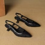 Genuine soft leather French pointed-toe hollow woven high-heeled shoes, new summer model, breathable, shallow cut, elegant and stylish, backless sandals for women - Image 5