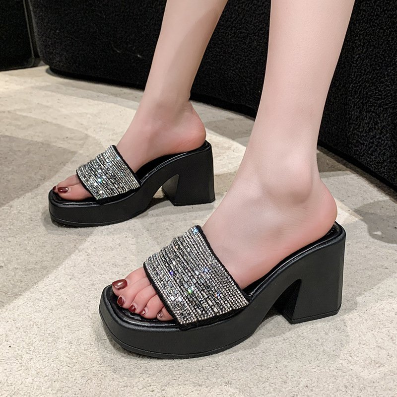 O1CN01mNh2Xd1ngYV8YgLmk_!!2215476285119-0-cib Korean Style Thick Bottom Chunky Heel Slippers Women's Outer Wear Spring and Summer 2025 New Style Chunky Heel Square Head Rhinestone Sandals - Image 1