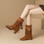 2025 Autumn and Winter New Korean Style Tassel Boots Women's Pointed Toe Chunky Heel High Heel Metal Decoration Mid-Calf Boots Leather Boots Women