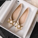 Factory wholesale pointed metal buckle shoes solid color shallow mouth flat shoes French metal ring buckle thick heel shoes