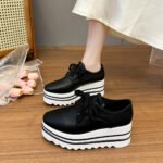 Plus Size British Style 2025 Spring & Fall Thick Platform Square Toe Wedge Heel Waterproof Platform Stripesd Platform Sole Lace-Up Women's Shoes - Image 2