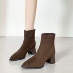 Trendy chunky heeled fleece-lined ankle boots for women, new autumn/winter 2026 style, pointed toe, high heel, slim fit, height-increasing fashion boots - Image 8