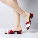 2022 Summer New Korean Style Fashion Rhinestone Color-Blocked Fish-Mouth Sandals with Patent Leather Square Low Heel - Image 6