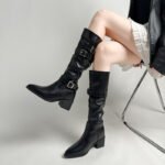 Fashion Metal Chain Fur Collar High Tube Knight Boots Thick High Heel Boots Stitched Foreign Trade Boots 33-52 Large Size Boots