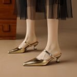 French-Style Fashion Gold-Colored Closed-Toe Mules for Women, Summer Outdoor Wear, Single Strap, Thin High Heels, Shallow Pointed Toe Mules - Image 2