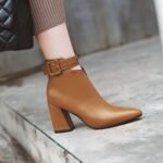 New European and American short leather boots pointed toe belt buckle Roman boots Martin boots chunky heel mid heel women's boots - Image 8