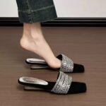 Square-toed rhinestone sandals for women, new summer fashion, cross-strap low-heel non-slip trendy sandals wholesale - Image 6