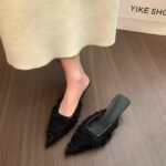 Women's summer open-toe mules for outdoor wear, mesh low-heel pointed toe stiletto high heels, low-heeled shallow mules without a back strap - Image 3