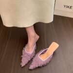 Women's summer open-toe mules for outdoor wear, mesh low-heel pointed toe stiletto high heels, low-heeled shallow mules without a back strap
