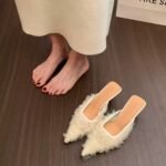 Women's summer open-toe mules for outdoor wear, mesh low-heel pointed toe stiletto high heels, low-heeled shallow mules without a back strap - Image 2