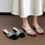Square-toed rhinestone sandals for women, new summer fashion, cross-strap low-heel non-slip trendy sandals wholesale - Image 4
