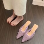 Women's summer open-toe mules for outdoor wear, mesh low-heel pointed toe stiletto high heels, low-heeled shallow mules without a back strap - Image 4